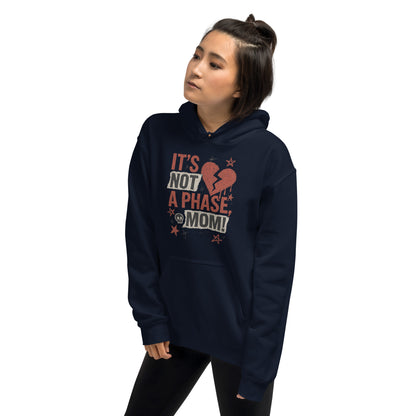 Person wearing a navy hoodie with text and graphic design on a white background