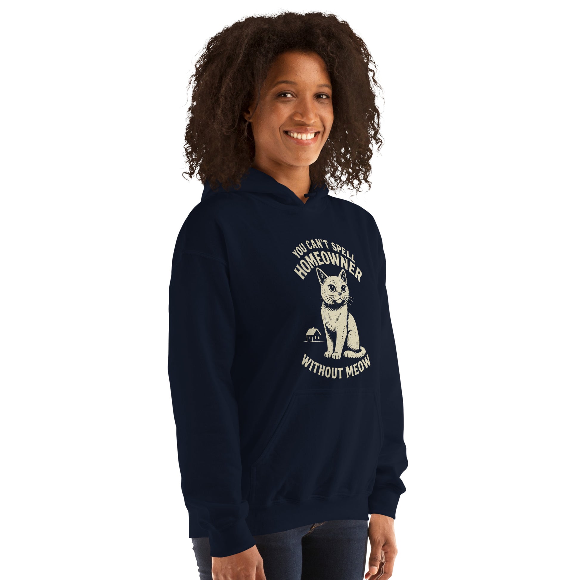 Person wearing a navy hoodie with a cat graphic and text on a white background