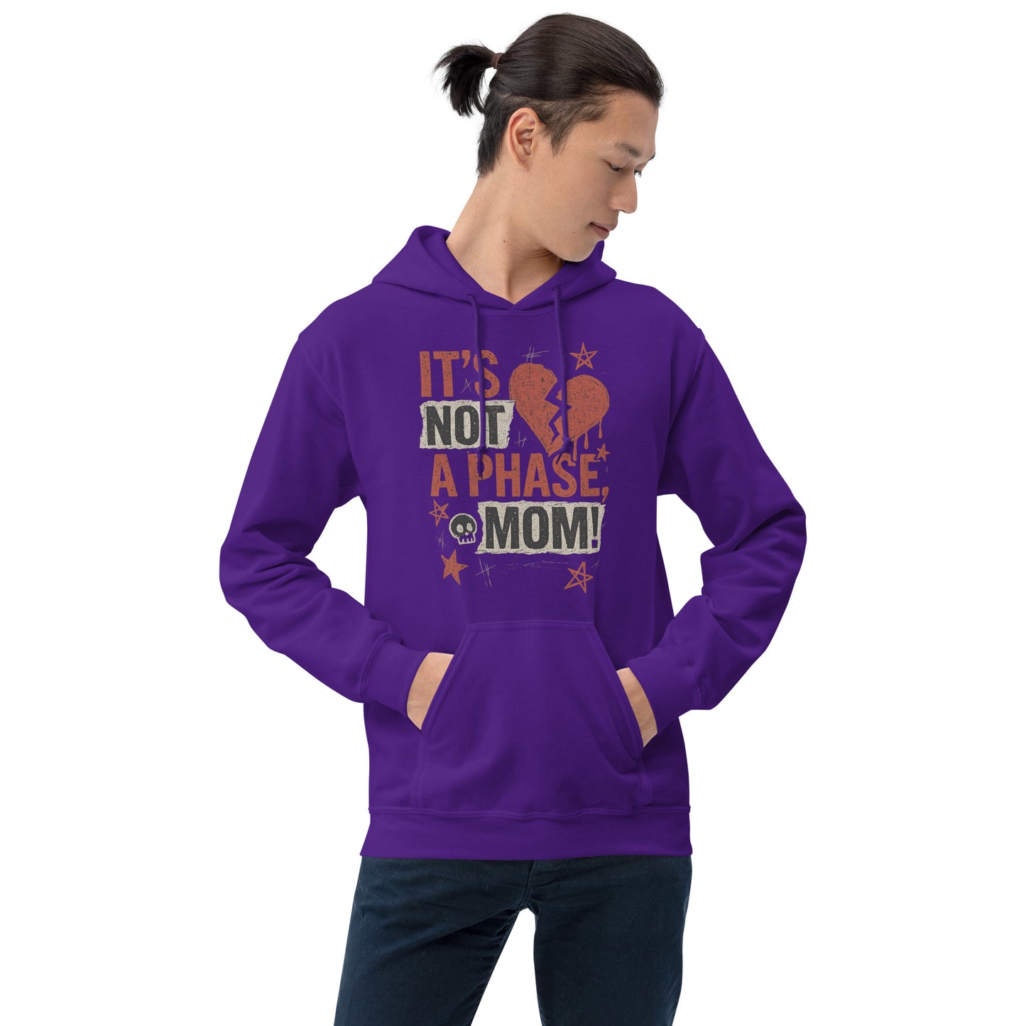 Person wearing a purple hoodie with text design on a white background