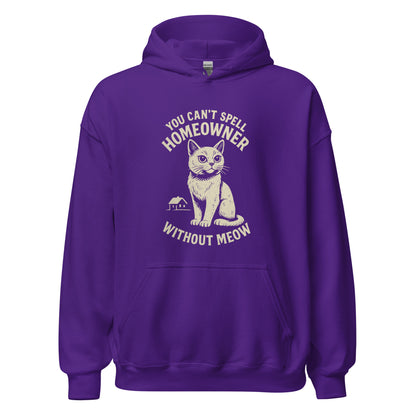 Purple hoodie with a cat graphic and text on a white background