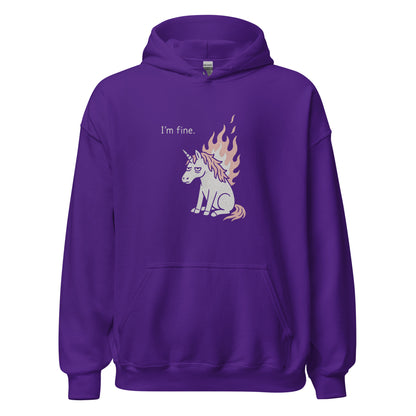 Purple hoodie with a unicorn graphic and 'I'm fine.' text on a white background