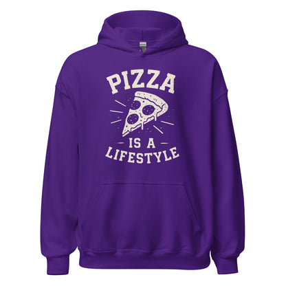 Purple hoodie with 'Pizza is a Lifestyle' text and graphic on a white background