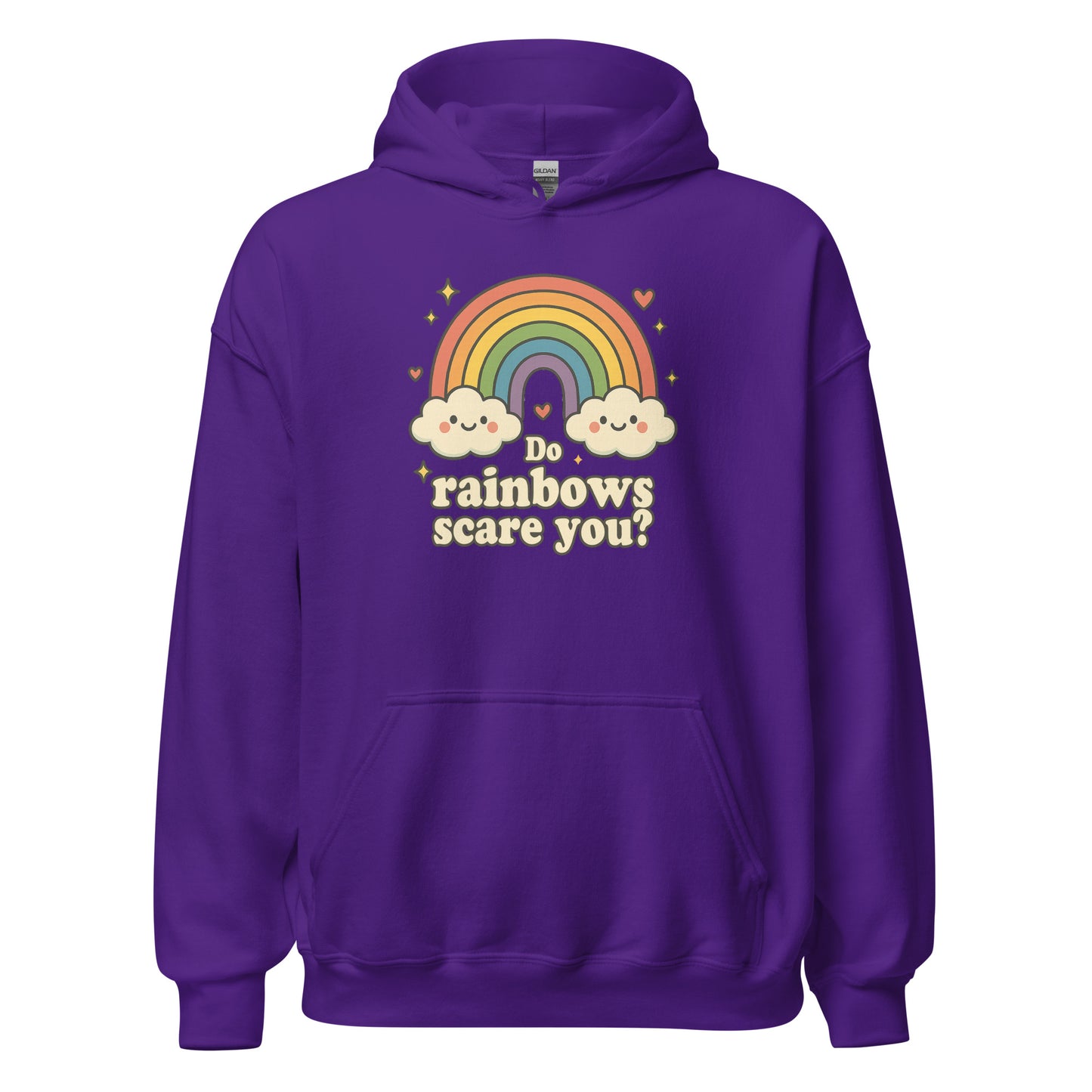 Purple hoodie with rainbow and cloud design on a white background