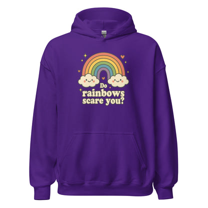 Purple hoodie with rainbow and cloud design on a white background