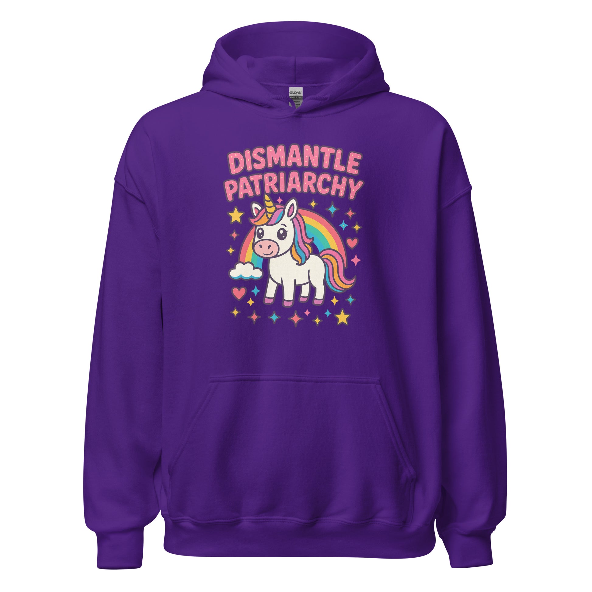 Purple hoodie with a unicorn graphic and text 'Dismantle Patriarchy' on a white background