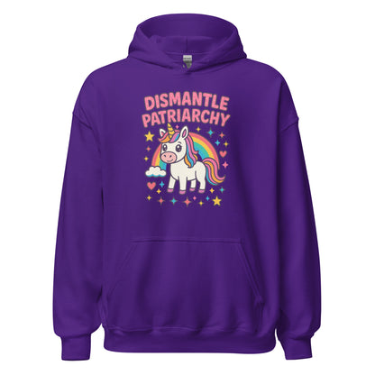 Purple hoodie with a unicorn graphic and text 'Dismantle Patriarchy' on a white background