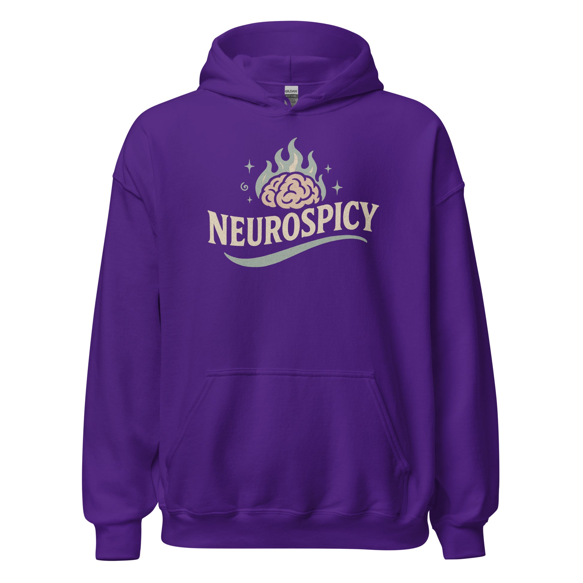 Purple hoodie with 'NEUROSPICY' logo on a white background