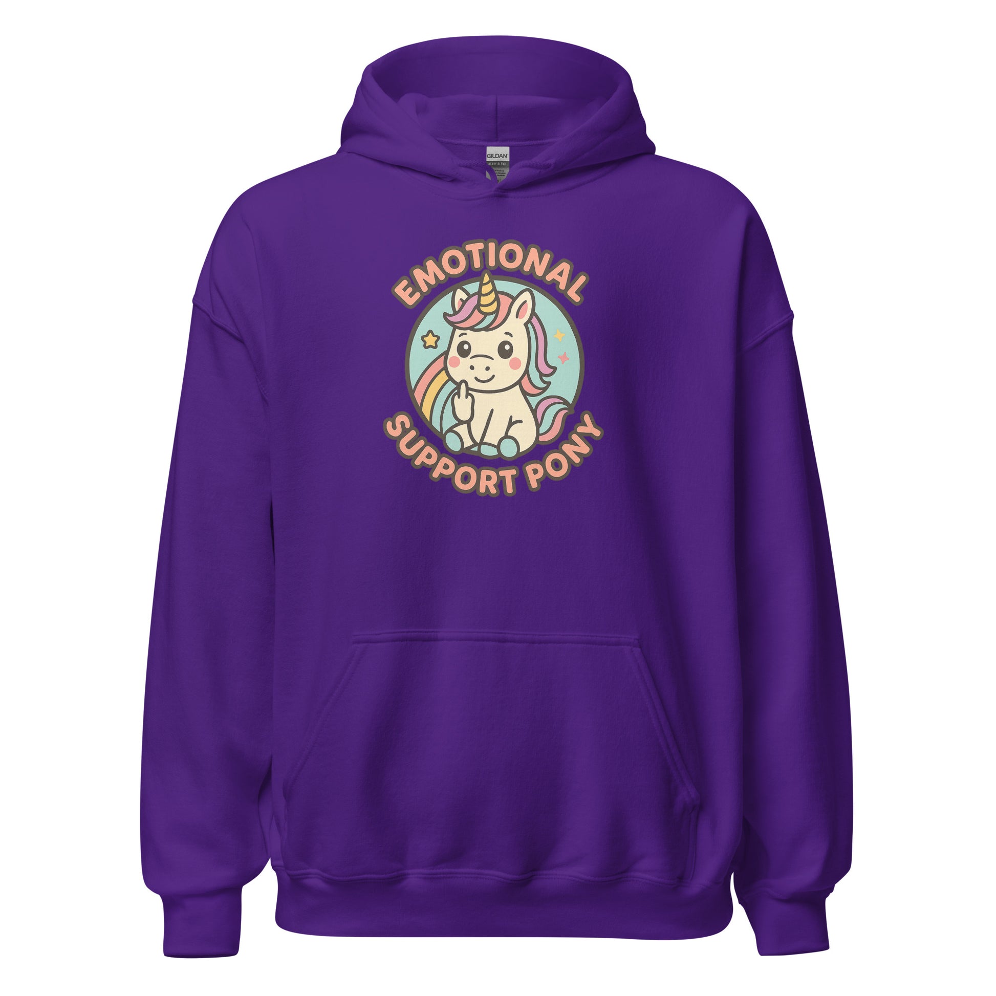 Purple hoodie with a unicorn graphic and text on a white background