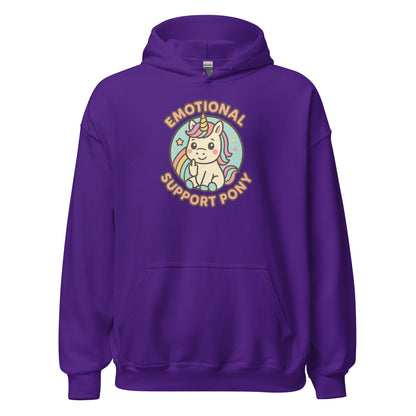 Purple hoodie with a unicorn graphic and text on a white background