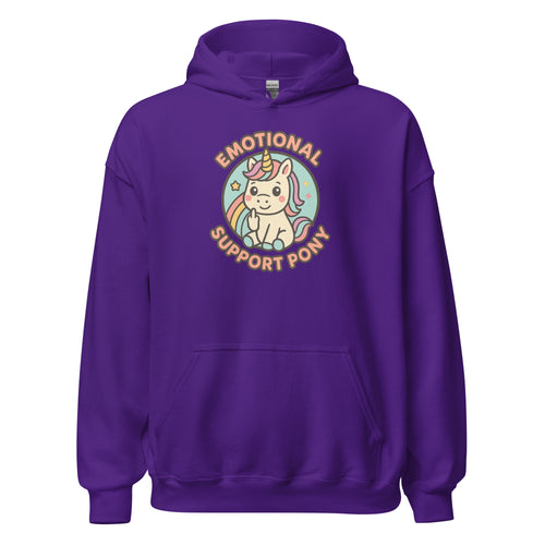 Purple hoodie with a unicorn graphic and text on a white background