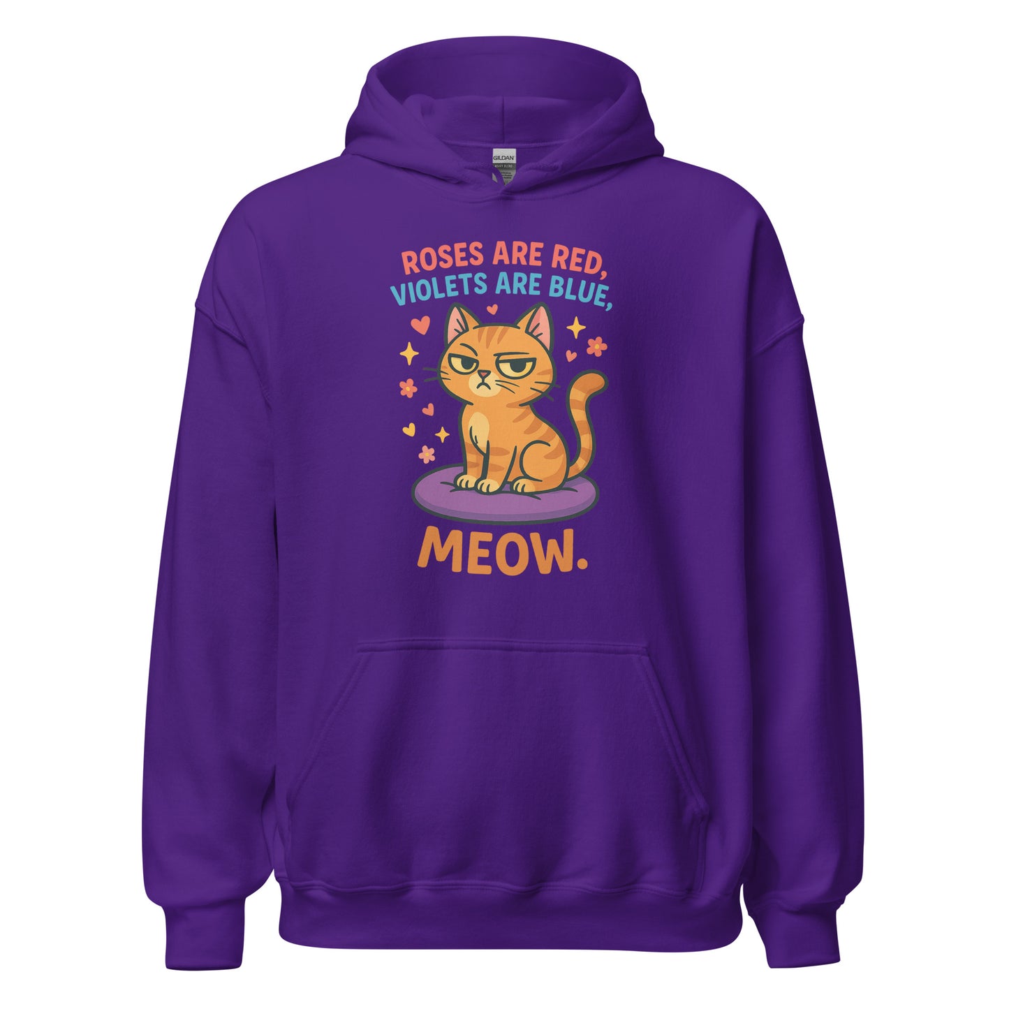 Purple hoodie with a cat graphic and text on a white background