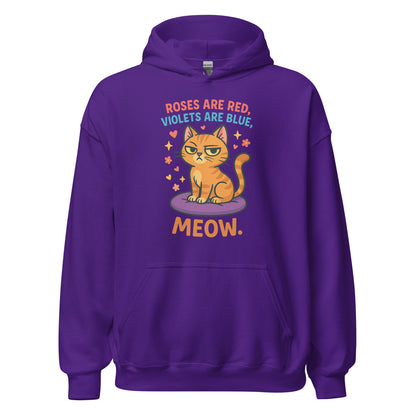 Purple hoodie with a cat graphic and text on a white background