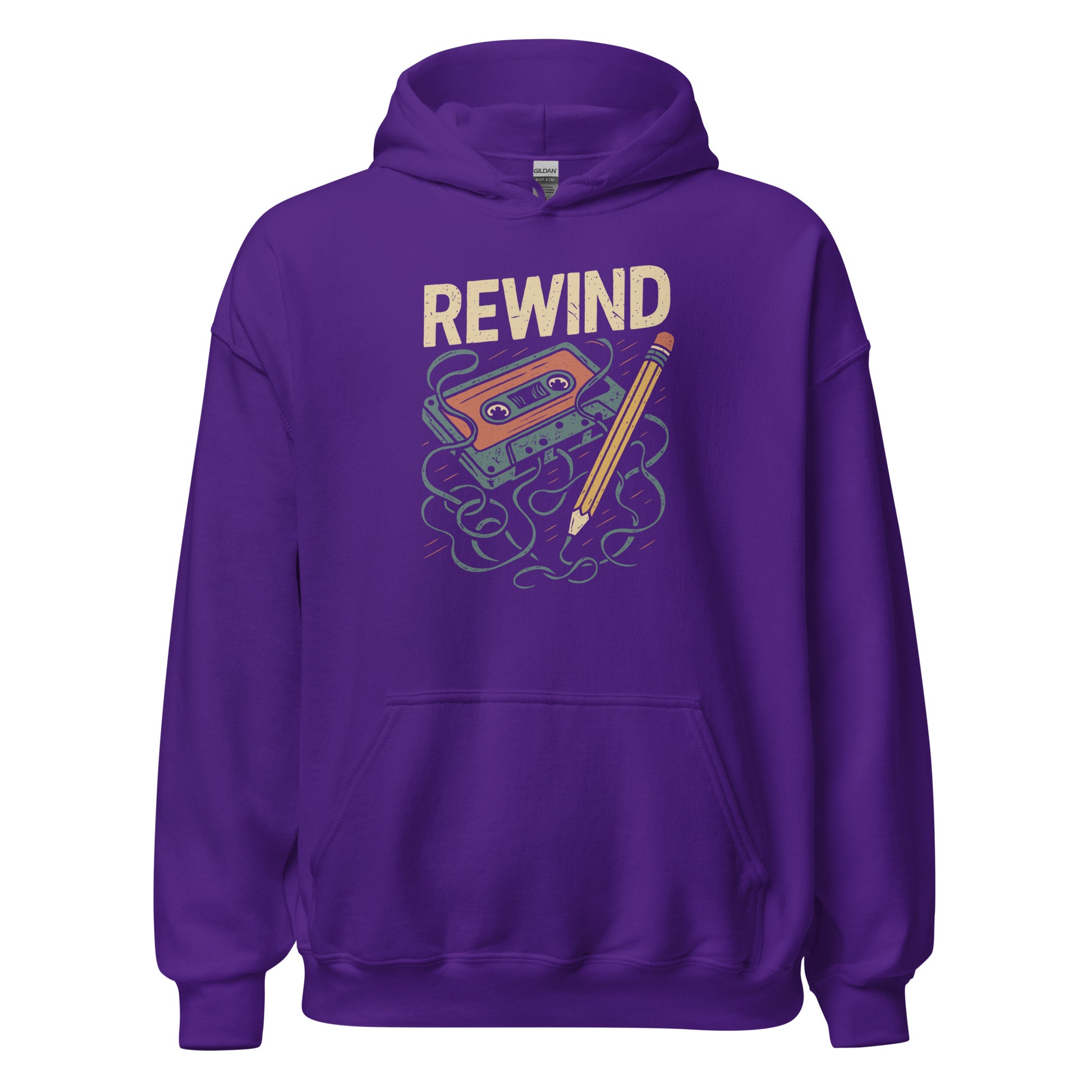 Purple hoodie with 'REWIND' graphic design on a white background