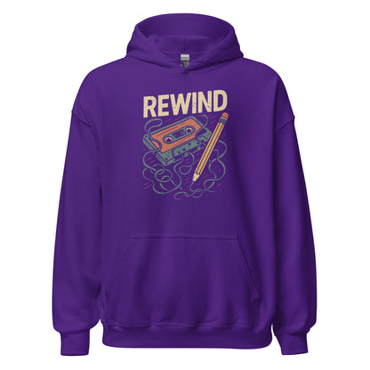 Purple hoodie with 'REWIND' graphic design on a white background