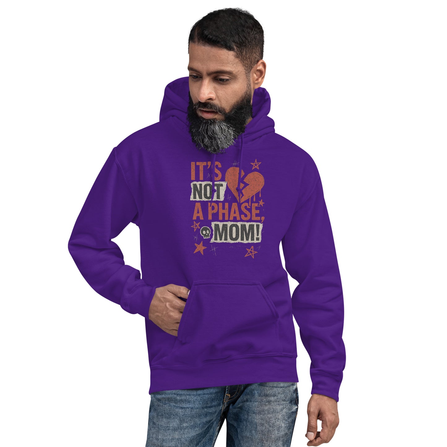 Man wearing a purple hoodie with text and graphic design on a white background