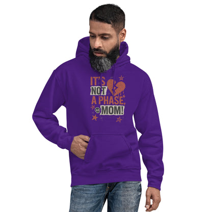 Man wearing a purple hoodie with text and graphic design on a white background