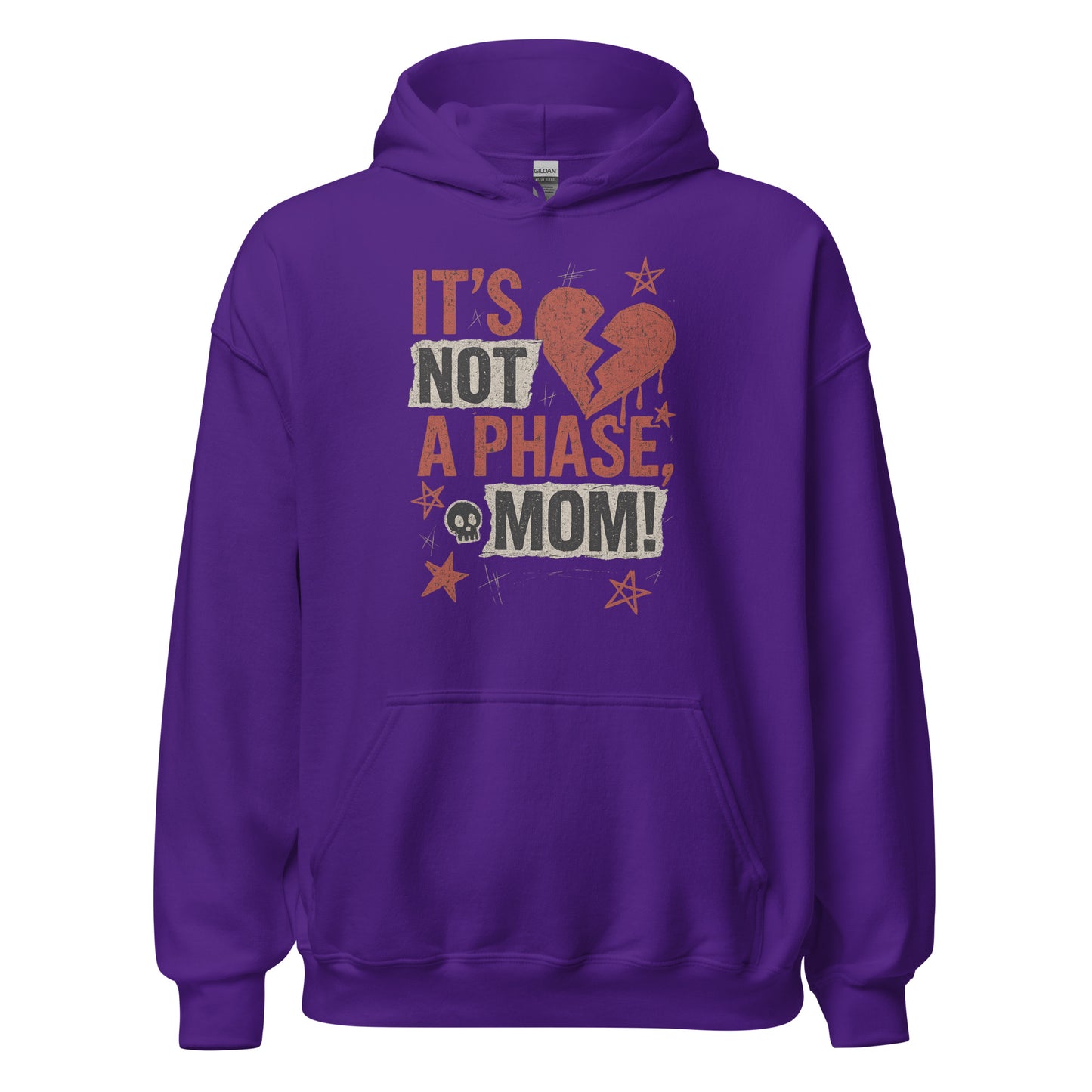 Purple hoodie with text and graphic design on a white background