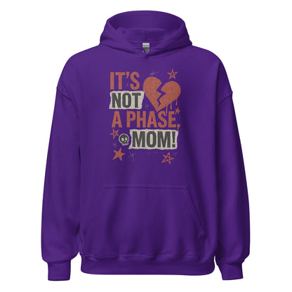Purple hoodie with text and graphic design on a white background