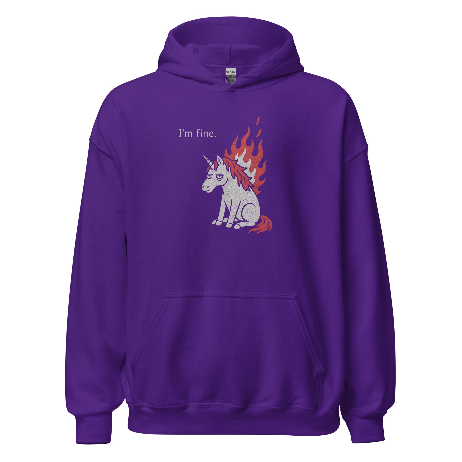 Purple hoodie with a graphic of a unicorn and text 'I'm fine.' on a white background