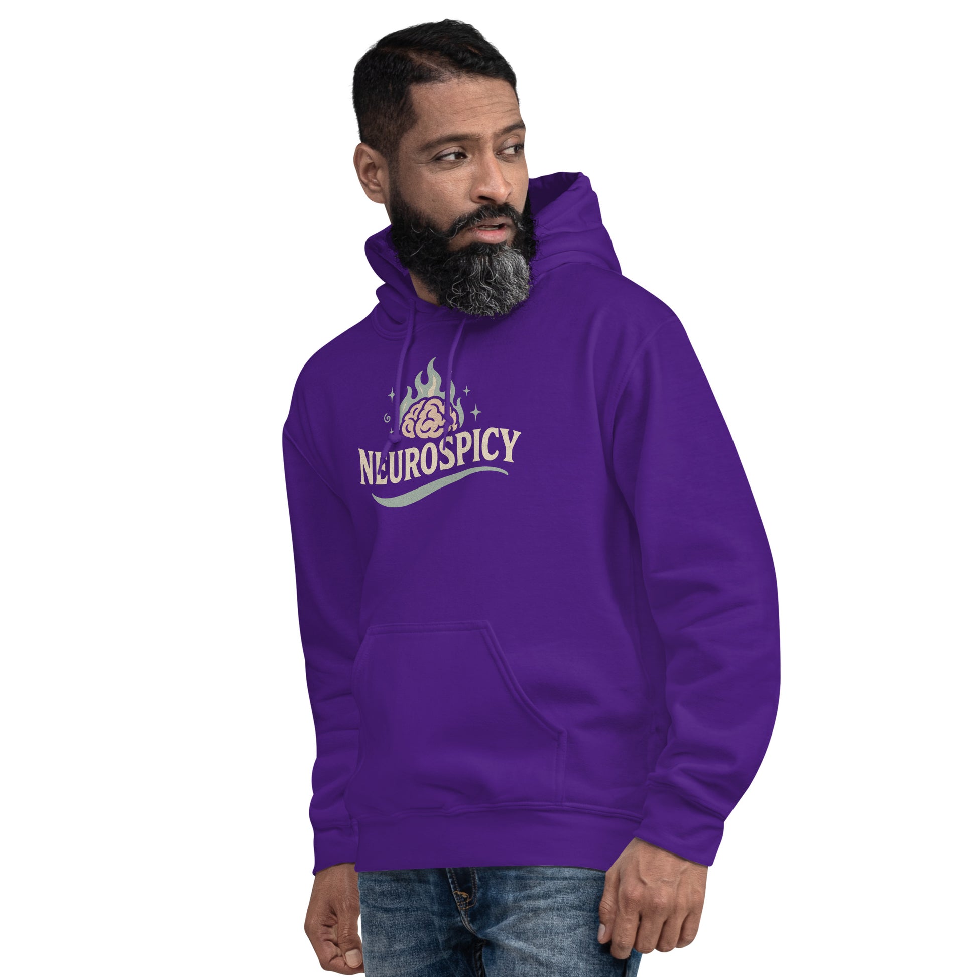 Man wearing a purple hoodie with 'Neurospicy' logo on a white background