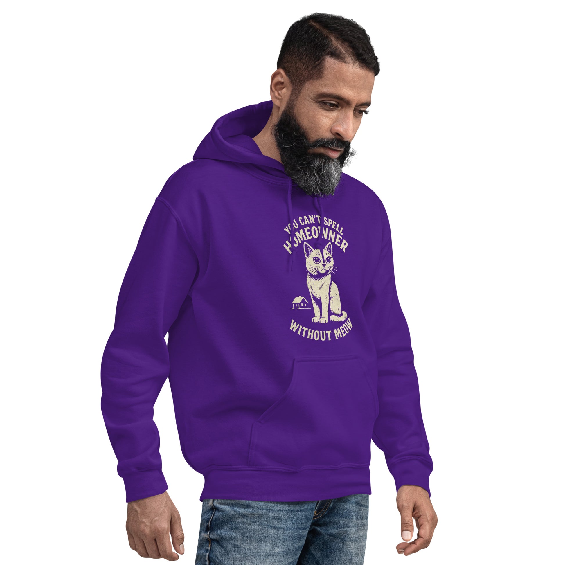 Man wearing a purple hoodie with a graphic and text on a white background