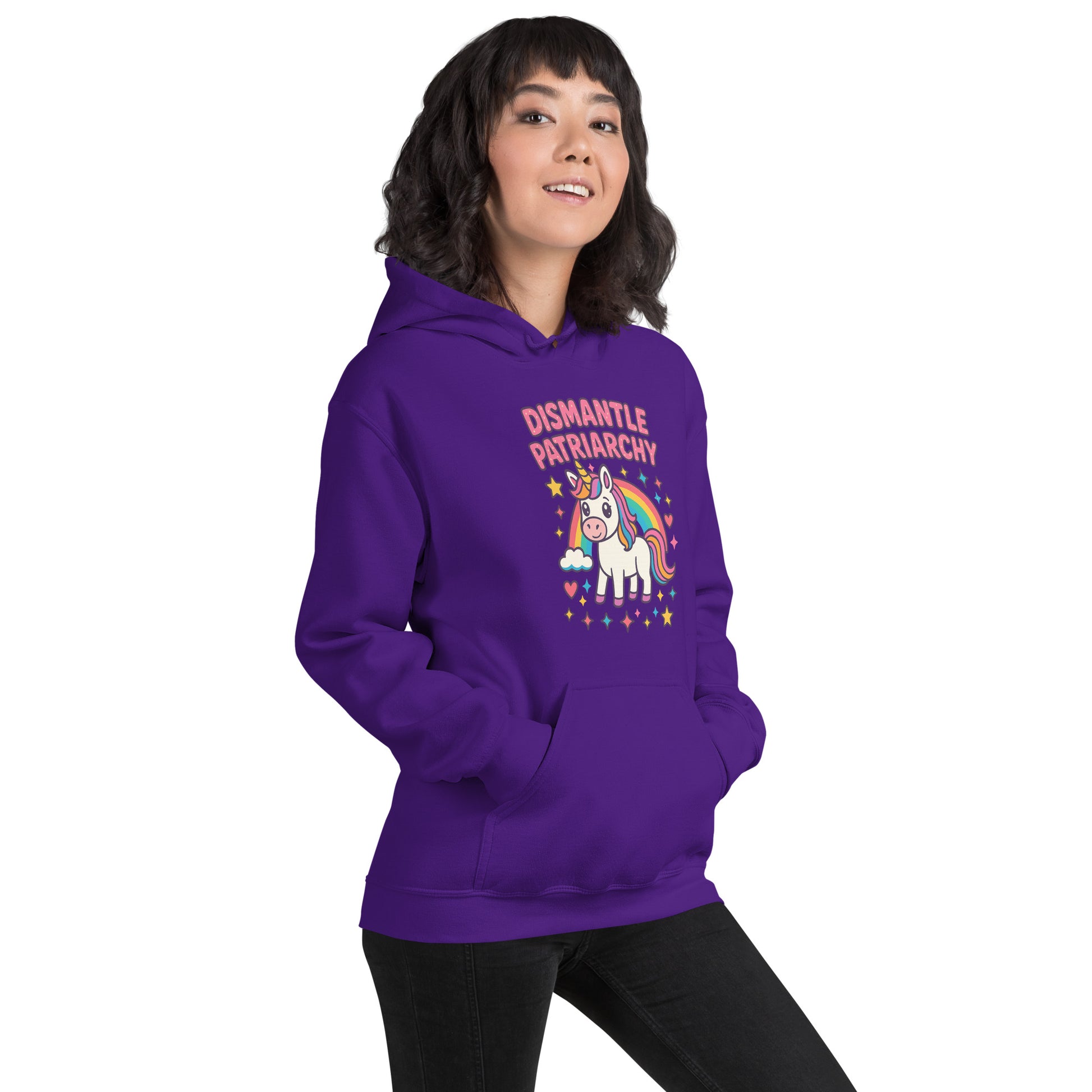 Person wearing a purple hoodie with a unicorn graphic and text on a white background