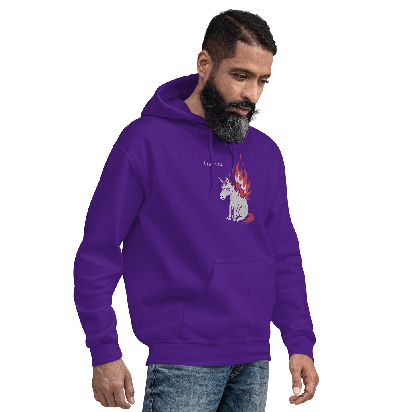 Man wearing a purple hoodie with a graphic design on a white background