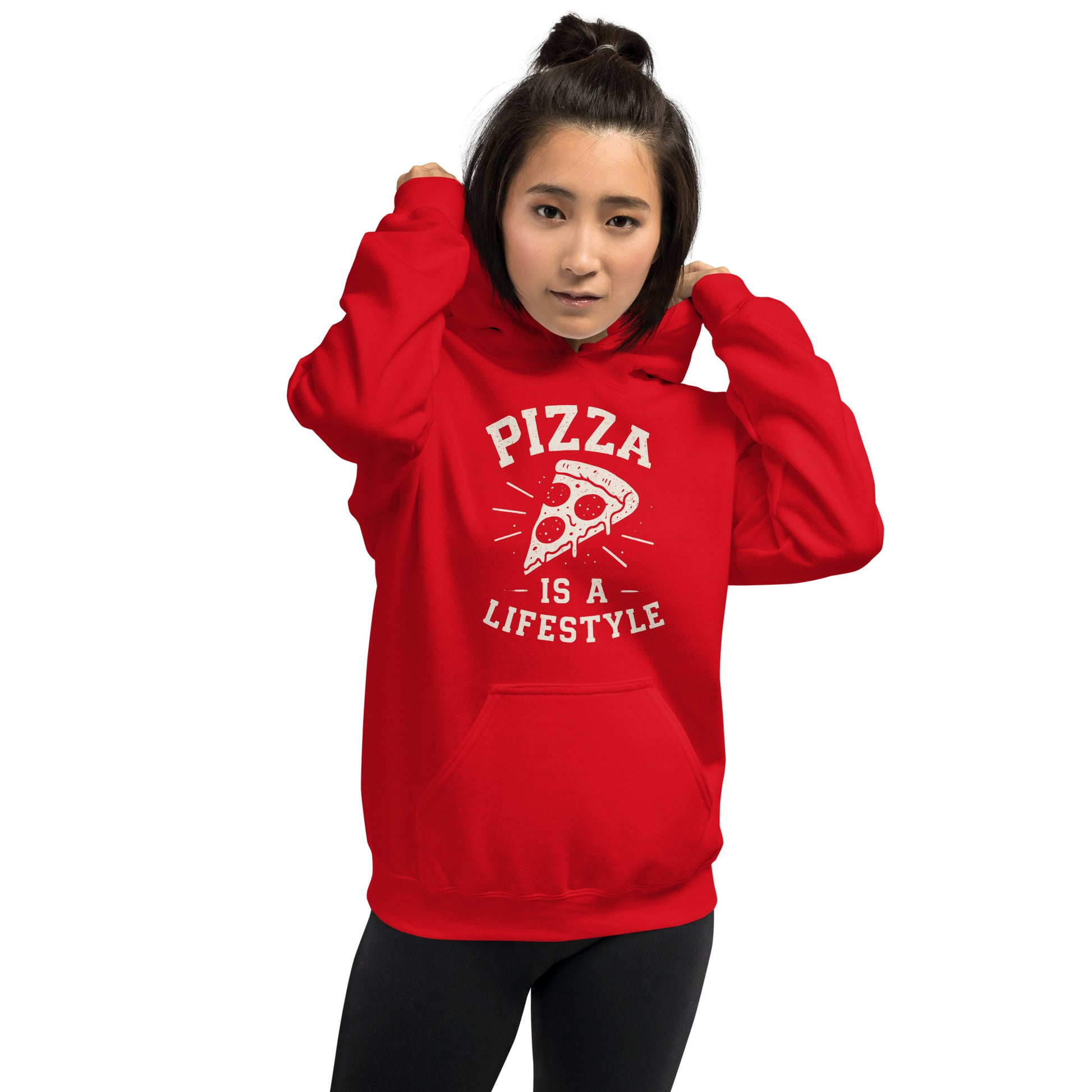 Person wearing a red hoodie with 'Pizza is a Lifestyle' text on a white background