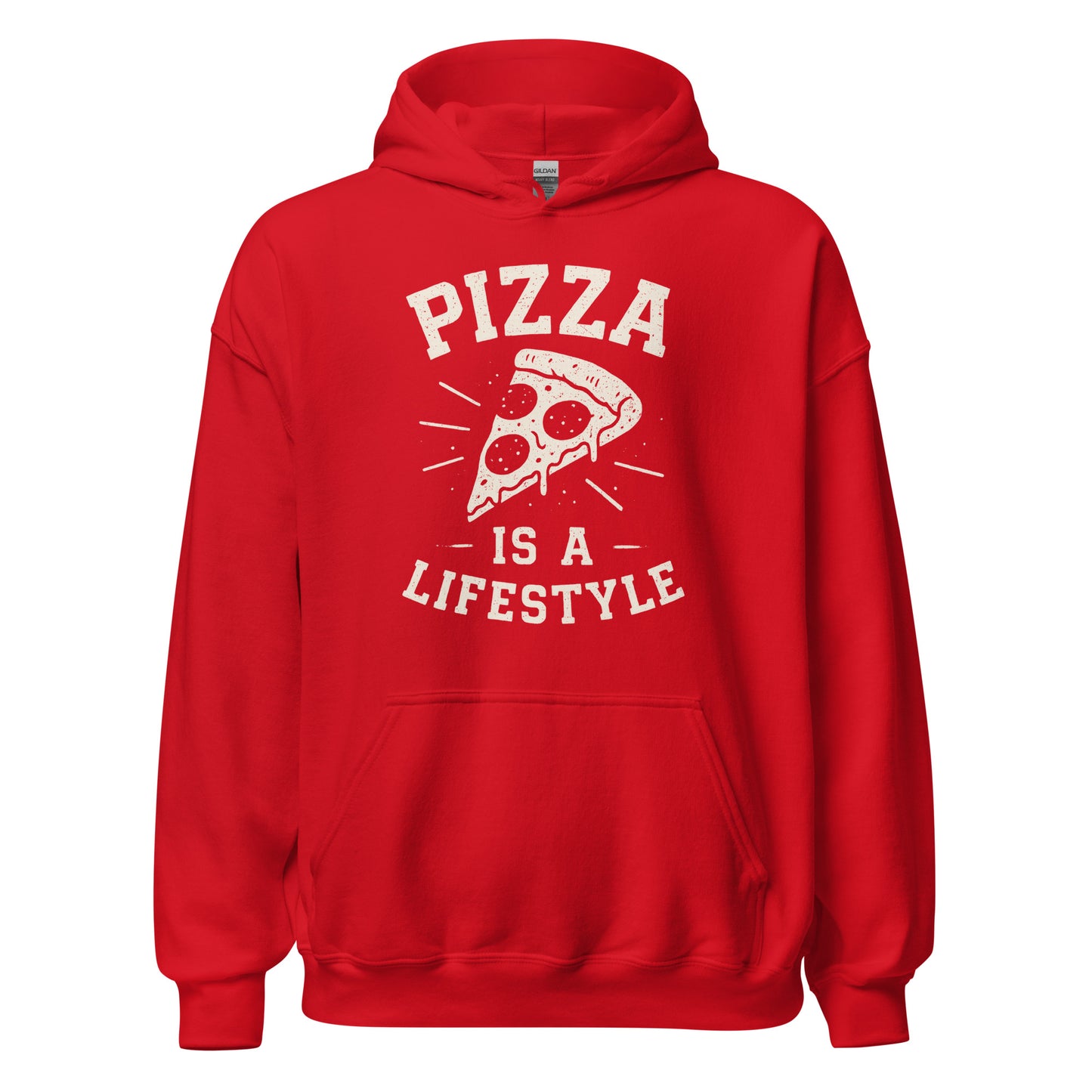 Red hoodie with 'Pizza is a Lifestyle' text and graphic on a white background