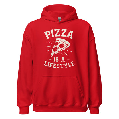 Red hoodie with 'Pizza is a Lifestyle' text and graphic on a white background