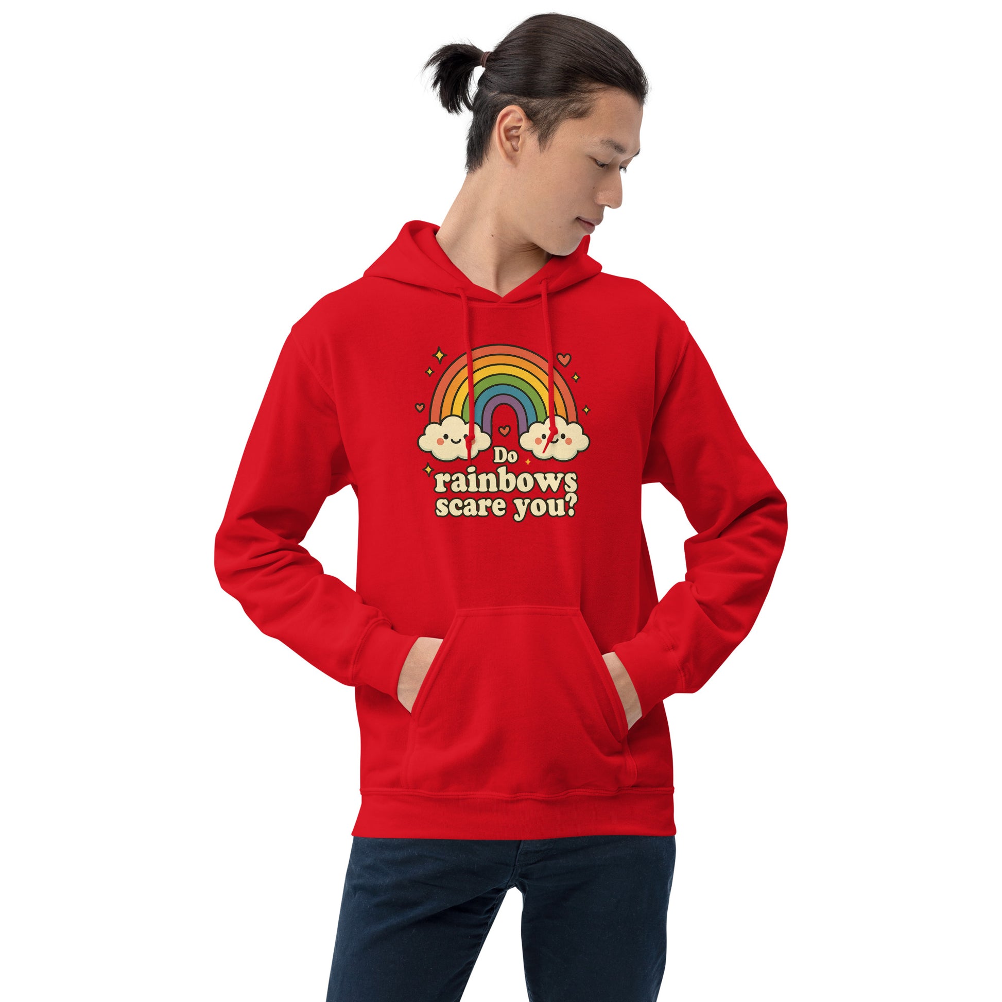 Person wearing a red hoodie with a rainbow design and text on a white background
