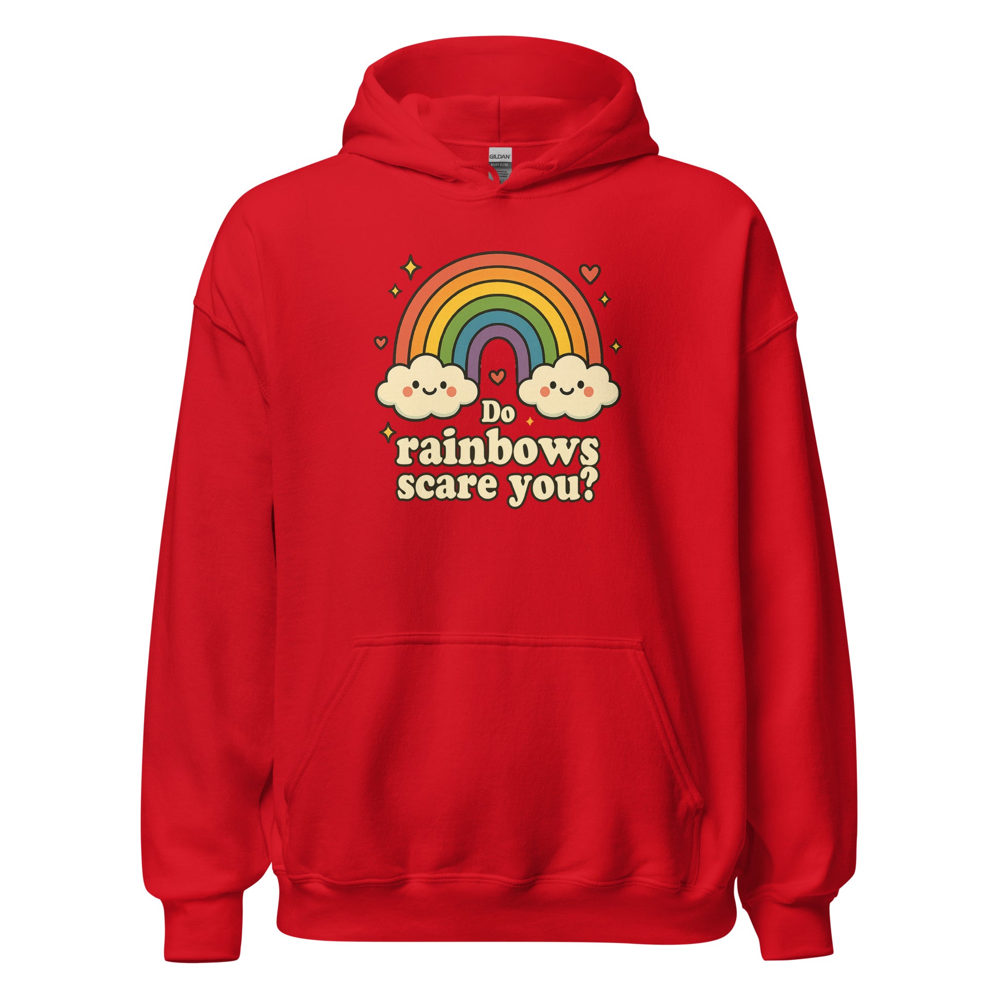 Red hoodie with rainbow and cloud design on a white background