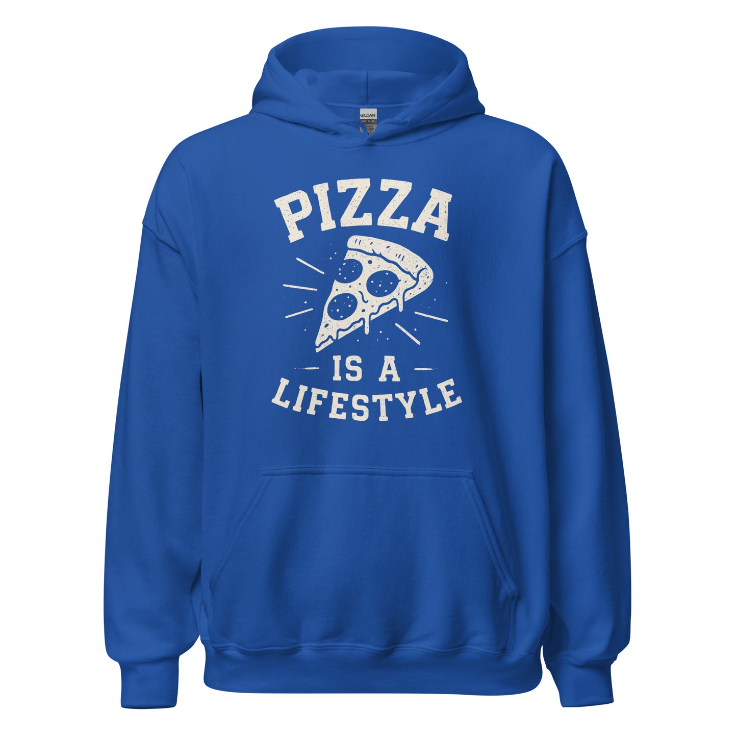Blue hoodie with 'Pizza is a Lifestyle' text and graphic on a white background