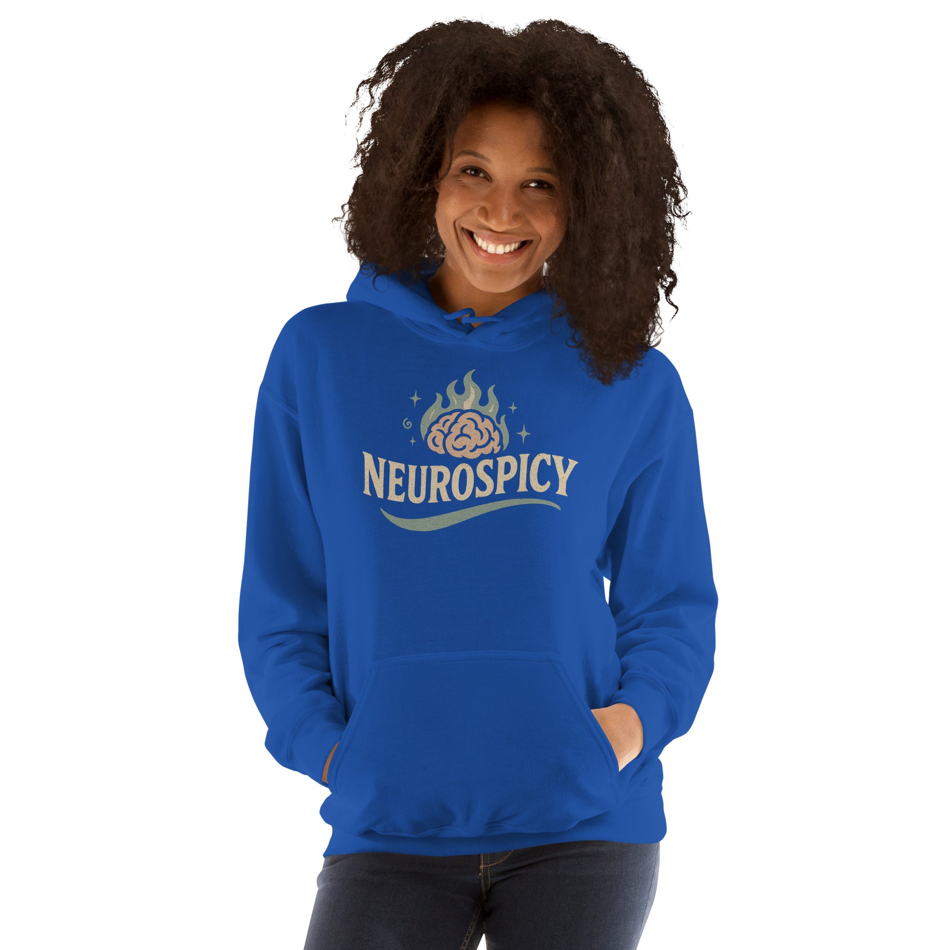 Person wearing a blue hoodie with 'Neurospicy' logo on a white background