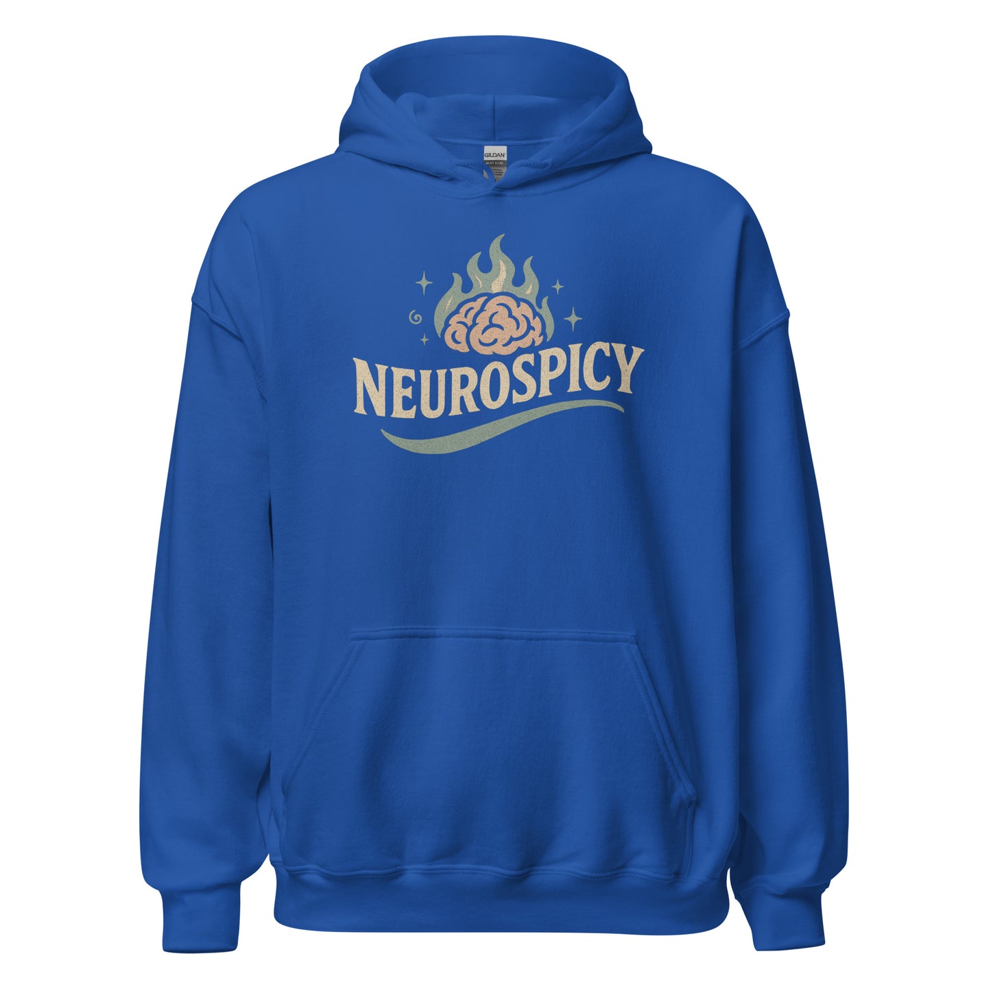 Blue hoodie with 'NEUROSPICY' logo on a white background