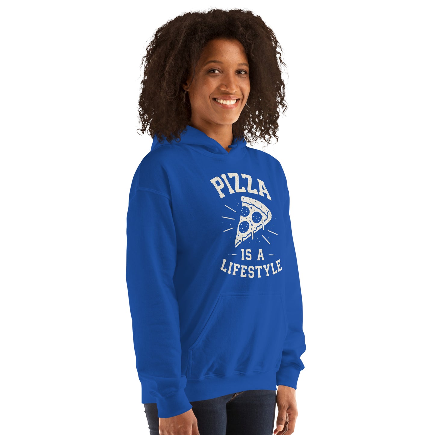Person wearing a blue hoodie with 'Pizza is a Lifestyle' text and graphic on a white background