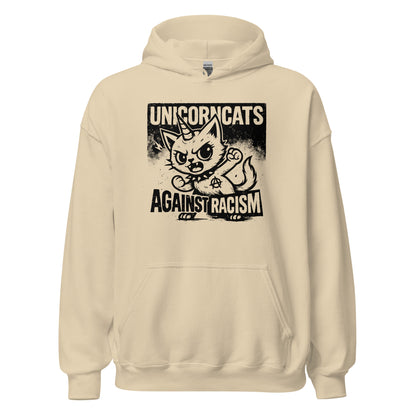 Beige hoodie with a unicorncat and a text reading "Unicorncats against racism"