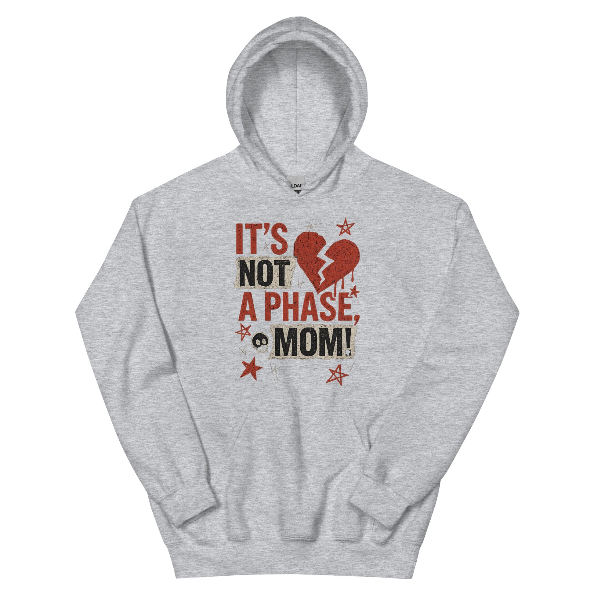 Gray hoodie with a graphic design and text on a white background