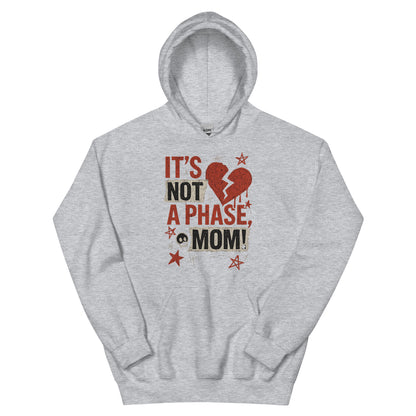 Gray hoodie with a graphic design and text on a white background