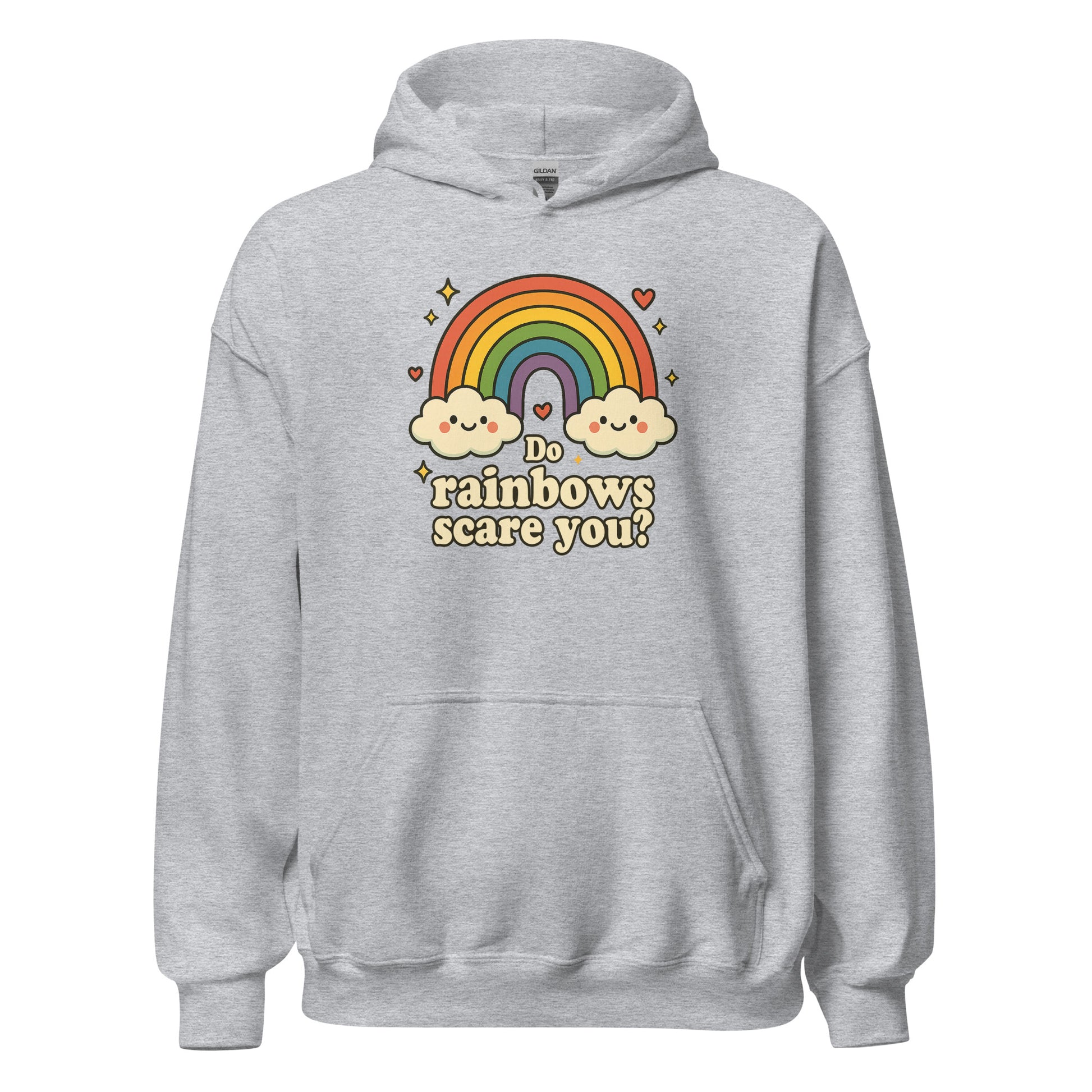 Gray hoodie with rainbow and cloud design on a white background
