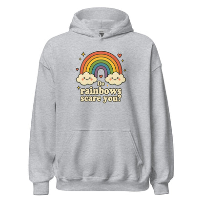 Gray hoodie with rainbow and cloud design on a white background