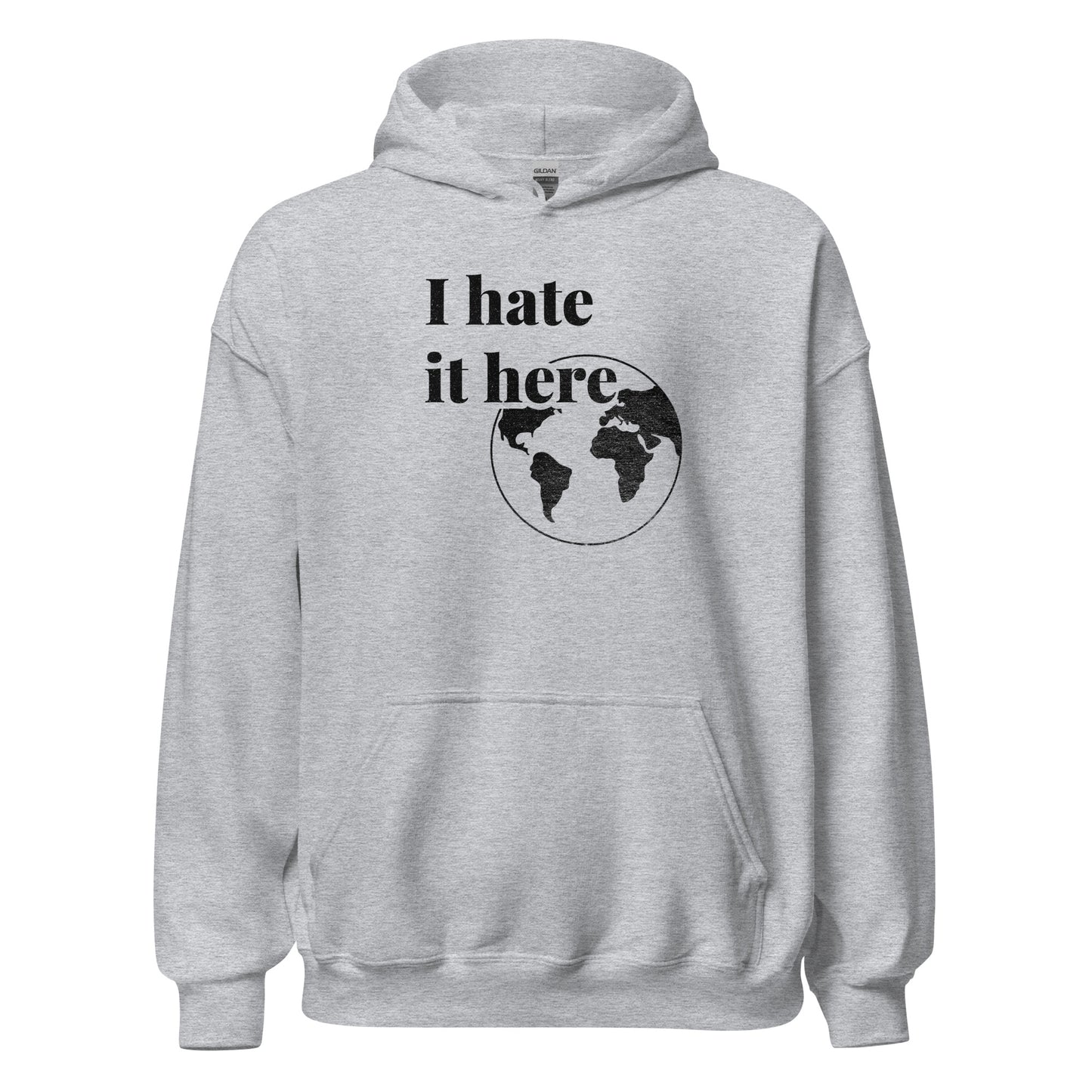 Gray hoodie with 'I hate it here' text and world map design on a white background