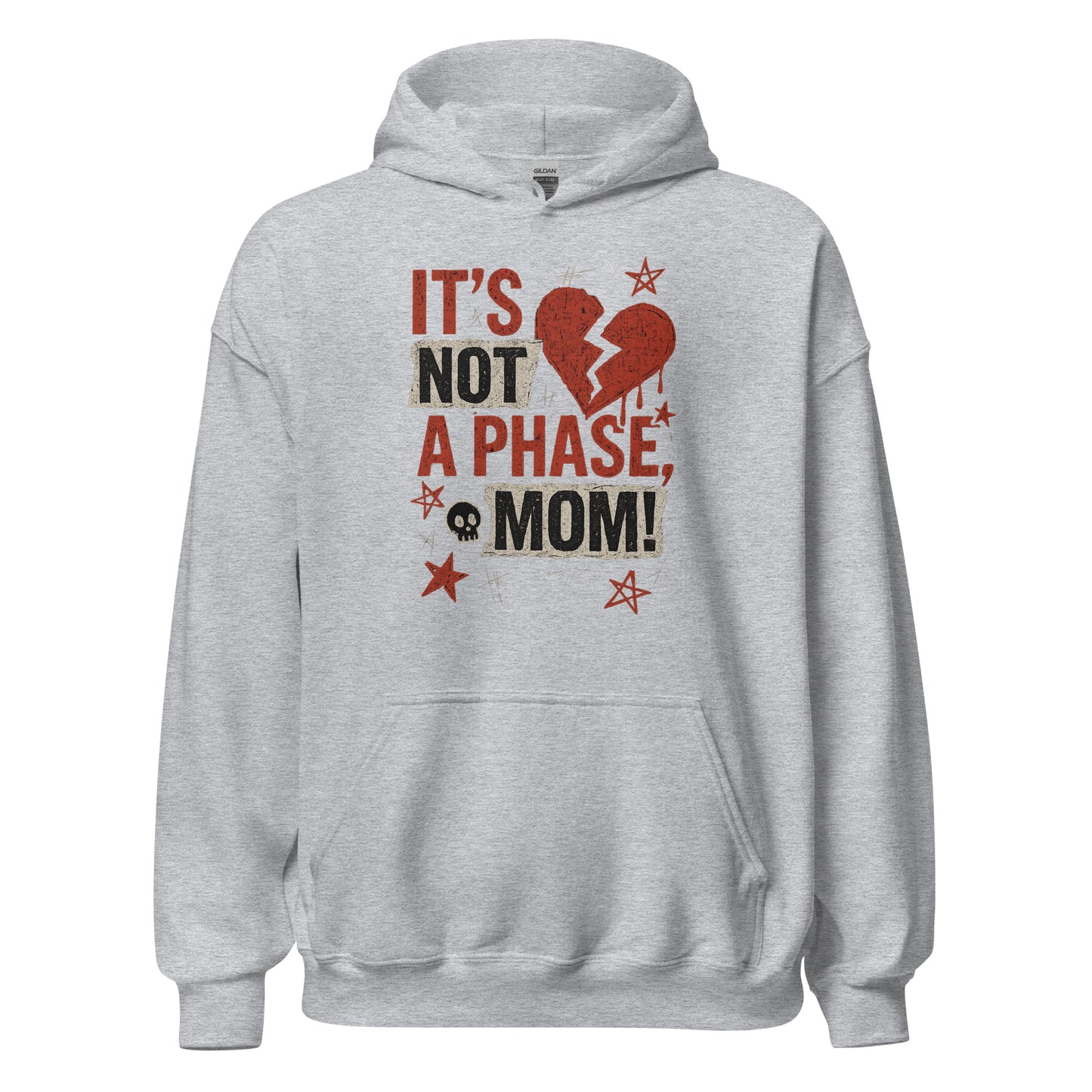 Gray hoodie with text and a broken heart graphic on a white background