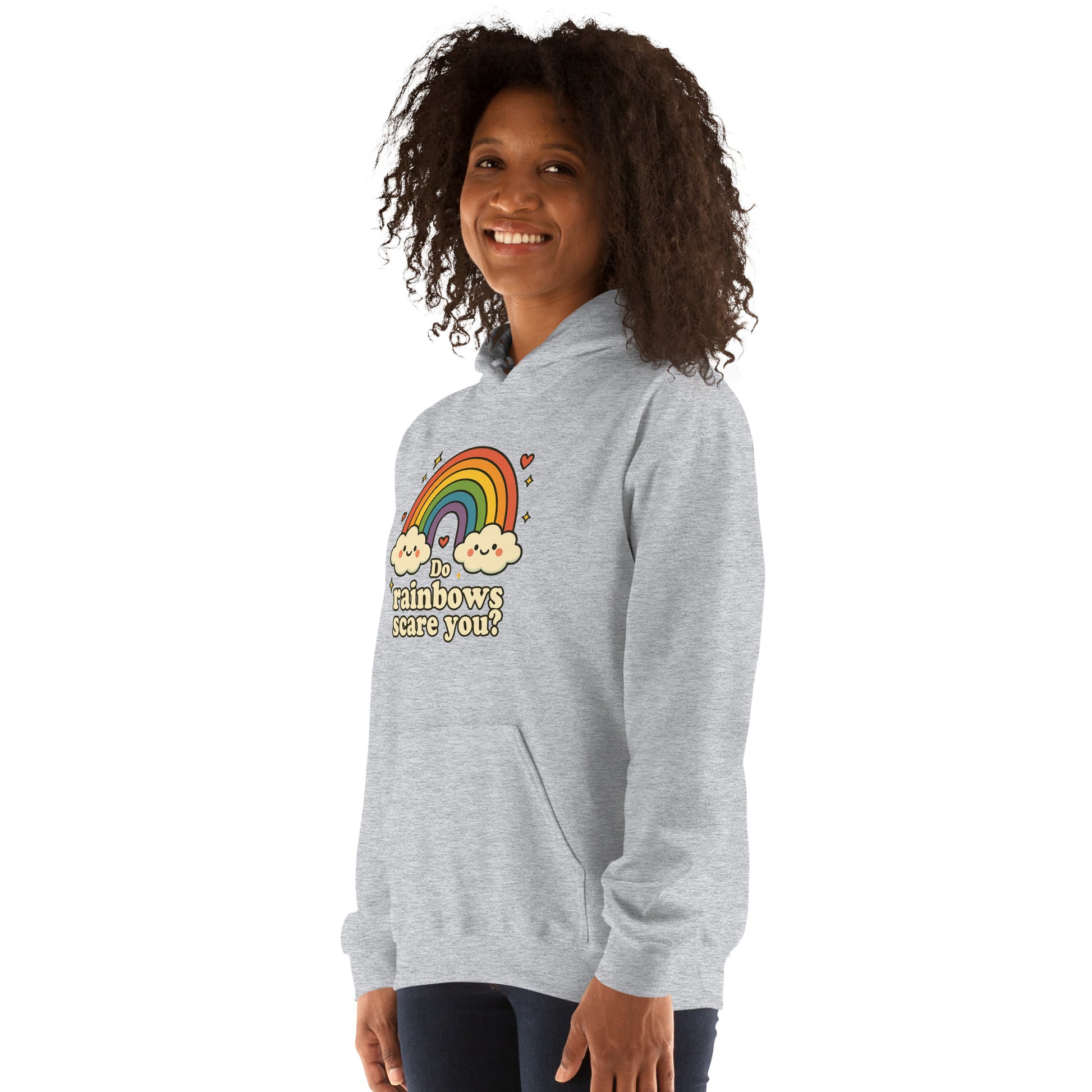 Person wearing a gray hoodie with a rainbow and text design on a white background