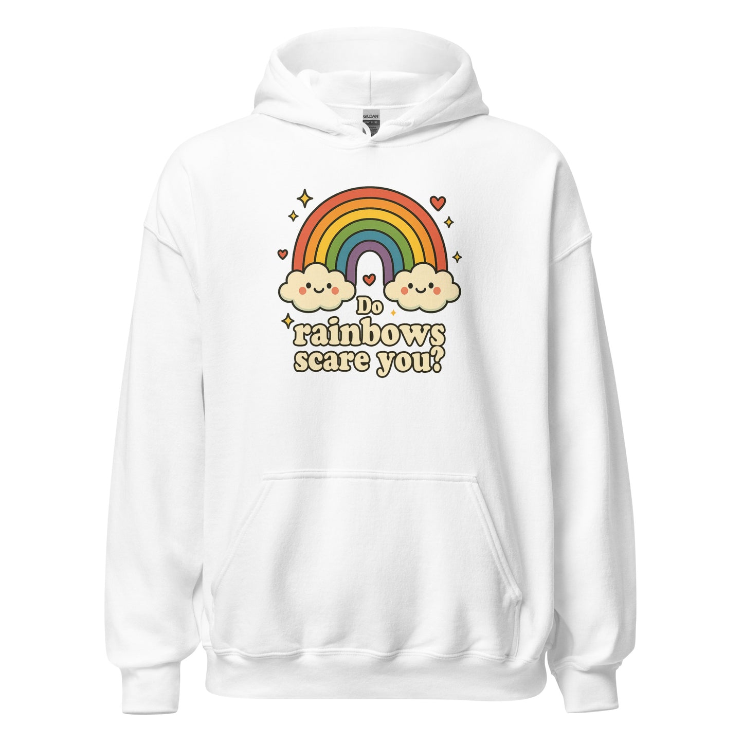 White hoodie with a rainbow and cloud design on a white background