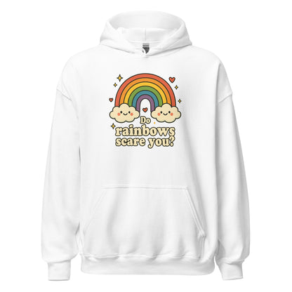 White hoodie with a rainbow and cloud design on a white background