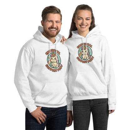Two people wearing white hoodies with a circular design featuring text and an animal illustration on a white background.