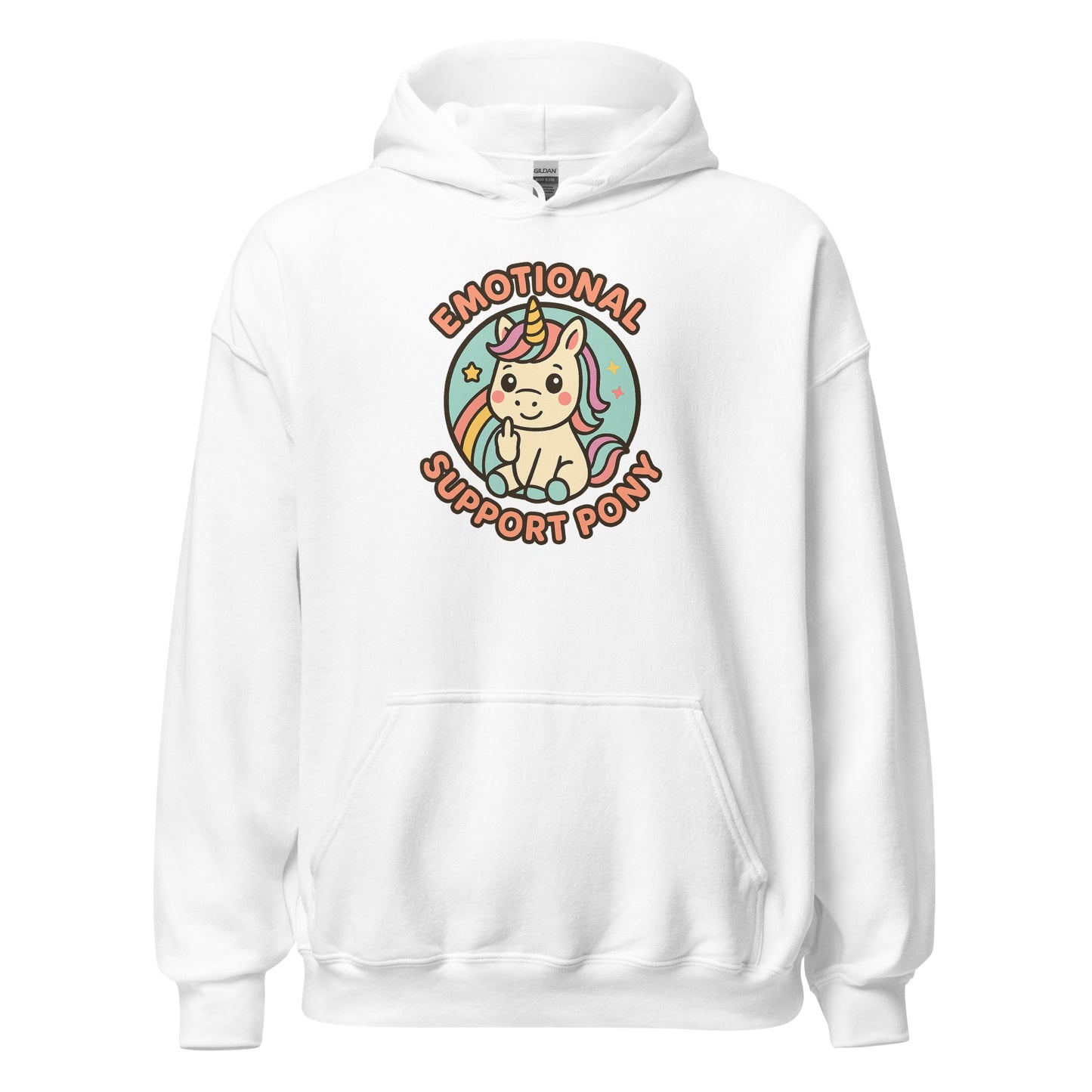 White hoodie with a colorful unicorn graphic and text on a white background