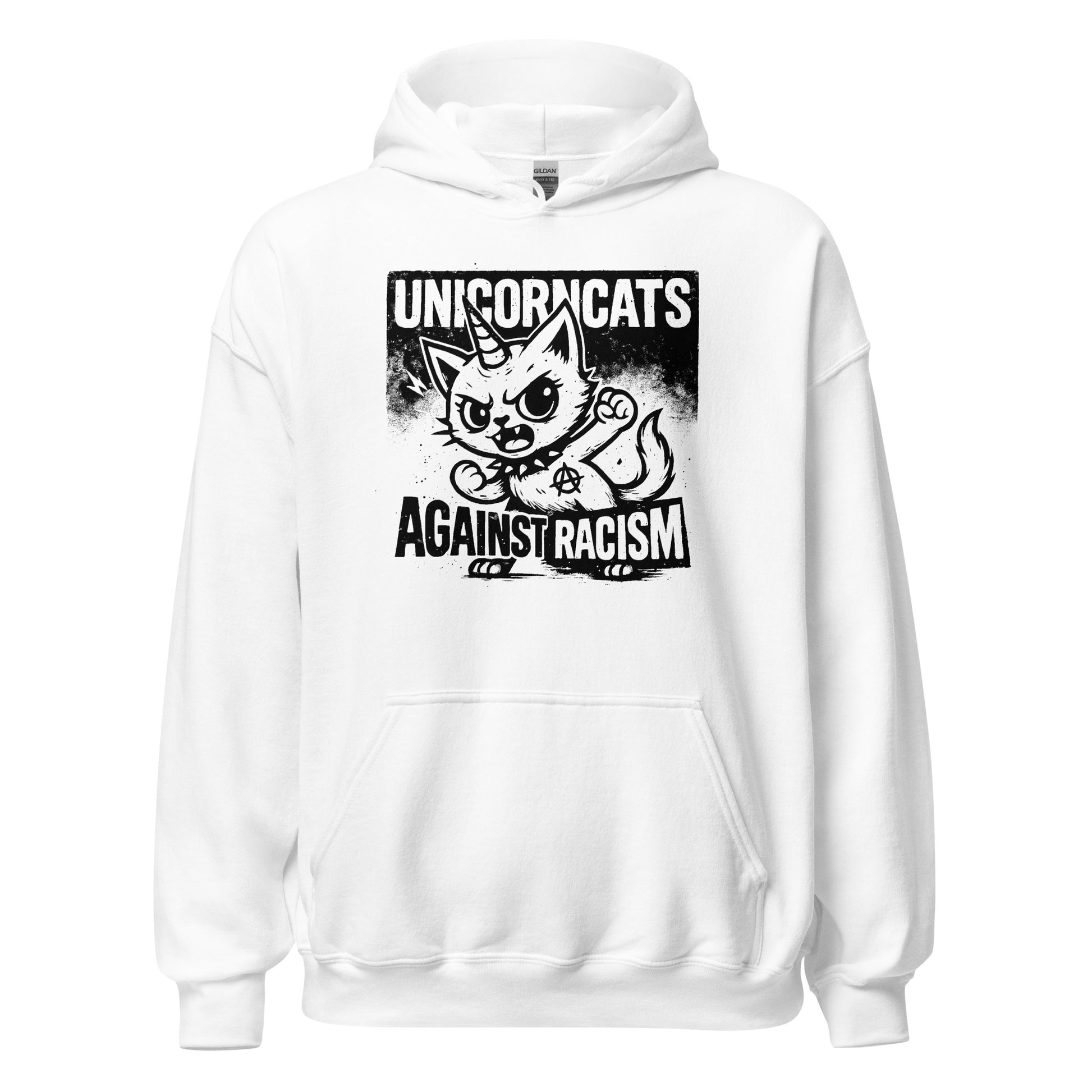 White hoodie with a unicorncat and a text reading "Unicorncats against racism"
