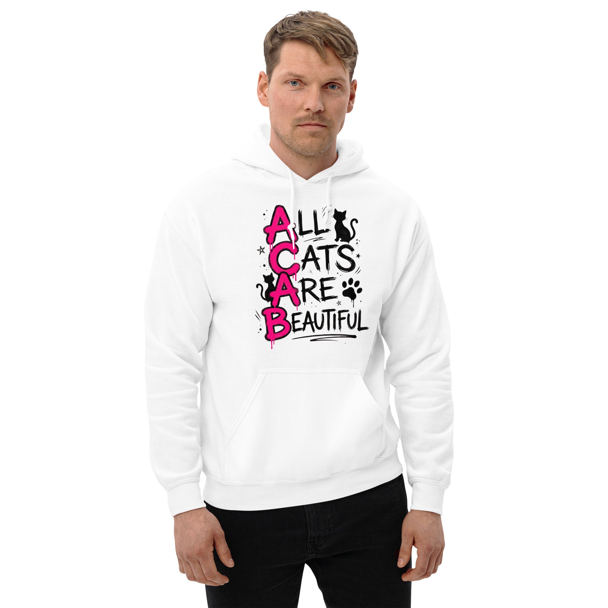 Man wearing a white hoodie with 'All Cats Are Beautiful' text and graphics on a white background